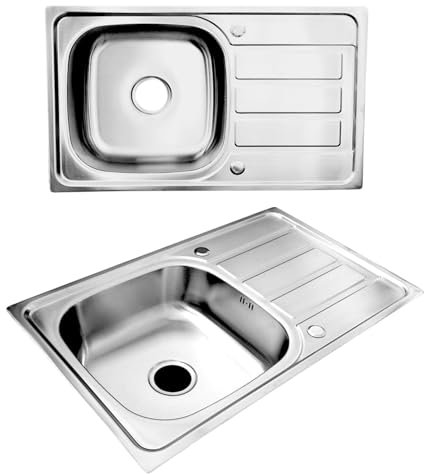 RUMO 8050 Stainless Steel Kitchen Sink Inset 1.0 One Bowl Reversible Drainer with Single Large Deep Bowl Includes Waste Plumbing kit Clips, 800 x 500mm Compact Space Saving Sink