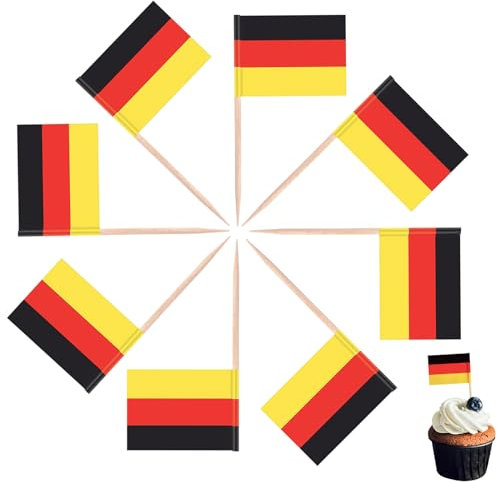 Lot de 100 cure-dents en forme de drapeaux allemands pour gâteaux, cocktails, fruits, sandwich, nourriture, cupcakes, vaisselle, coupe du monde, fournitures de fête pour pub, événement royal