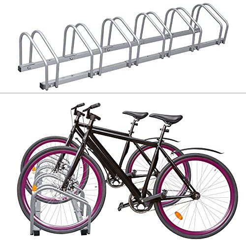 Eulenke Fahrradständer für 6 Fahrräder, fahrradhalter Reifenbreite bis zu 35-55mm 32 cm Radabstand, Verzinkt Stahl Platzsparend Mehrfachständer höhenverstellbar, Aufstellständer Silber, Radständer