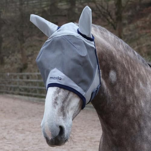 Masta Equine Fly Mask - Enhanced Coverage with Eye Clearance, Robust Mesh, Midge-Proof Ears, UV Shield, Adjustable Fit & Soft Fleece Trim for Horse Comfort, 70% UV Blocking - Full - Grey