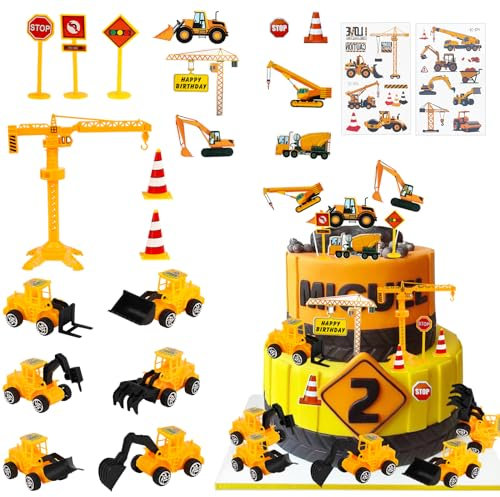 Powmag Kuchen Deko Baustelle, 21 Stück Bagger KuchenDeko, Tortendeko Junge, Verkehrsschilder Spielzeug, Baustelle Spielzeug Kuchen Deko Junge