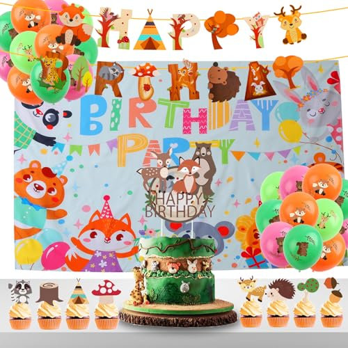 Waldtiere Geburtstagsparty Deko-Set für Kindergeburtstagsfeiern, beinhaltet großes Geburtstagsbanner, Girlande, Latexballons, Kuchen Deko– für drinnen und draußen geeignet
