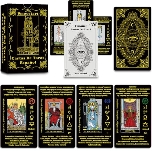 Smoostart Spanische Tarotkarten mit Bedeutungen, Tarotkarten Deck mit Leitfaden für Anfänger, Schlüsselwörter, Element, Planet, Sternzeichen, Chakra, Ja oder Nein, Musiktonlage, Numerologie,