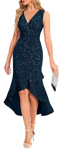 Berylove Abendkleid Damen Lang Glitzer Festliche Kleider Damen Cocktailkleider Damen Hochzeitskleid Standesamt Abschlussballkleid BLP7067 DarkBlue XL