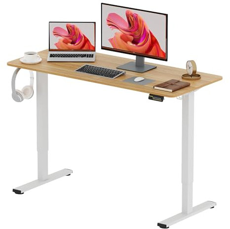 SANODESK 120 * 60 Height Adjustable Standing Desk With Memory Smart Panel Sit Stand Table With Hooks for Home Office (White Frame+ Maple Desktop)