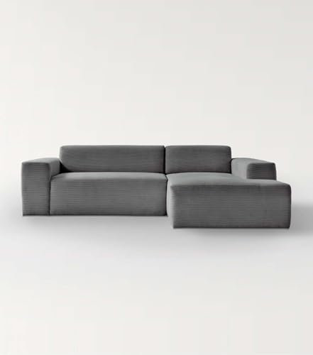 mokebo Ecksofa aus Cord 'Die Lässige', Eckcouch aus weichem Cordstoff fürs Wohnzimmer, bequemes 3-Sitzer Sofa oder Cordsofa in L-Form, 253x70x188 (BxHxT in cm) in Grau - Ottomane rechts