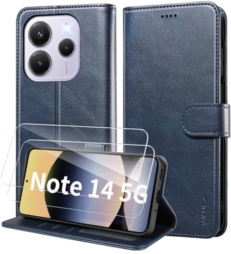 WAURZ Portefeuille Coque pour Xiaomi Redmi Note 14 5G (Pas pour 4G),Bleu | Etui Cuir Pochette avec 2 Verre Trempé Porte Carte Antichoc, Housse à Rabat Clapet Magnétique Étui Protection RFID Flip Case
