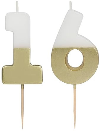 Talking Tables Weiße und goldene Geburtstagskerzen mit der Zahl 16 für Kuchen Tortenaufsatz-Dekoration Premium Eins- und Sechskerzen Jahrestag Meilensteinalter 5,5 cm Höhe Recycling-Verpackung