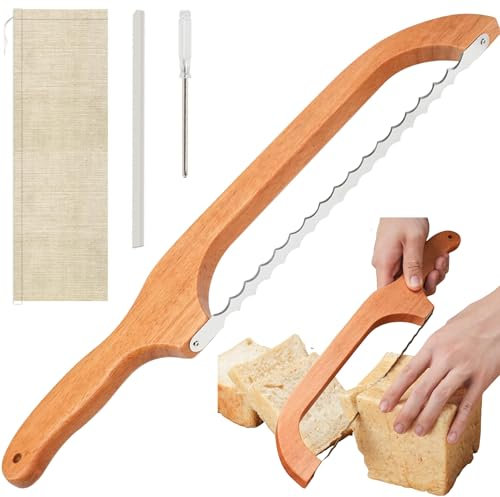 SUQ Serrated Bread Slicer, Wooden Bread Bow Knife, Bread Bow Saw for Slicing, Portable Bread Cutting Tool with Hanging Rope for Cutting Bread, Bagels, Fruits, Bilateral Serrations