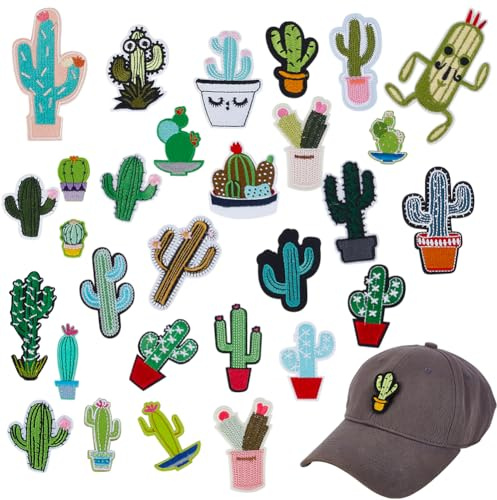 AHANDMAKER 29 Styles Cactus Embroidered Patches, Green Plant Iron On Patch Applique, DIY Sew Applique Repair Patch, Cute Cartoon Patches for Shoes Backpack Repairing and Decorations