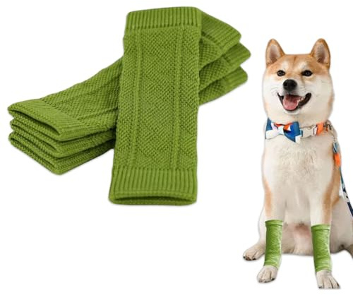 Dog Leg Warmers,4 Pcs Winter Warm Solid Dogs Elbow Sleeves,Knitted Leg Hock Protectors Socks for Kitten Puppy Cats Small Medium Large Dogs (Green, XL)
