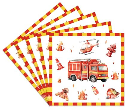 DazzJoy 20 Stück Feuerwehr Servietten, 33 x 33 cm Servietten Feuerwehr Kindergeburtstag Deko Junge Mädchen, Feuerwehrauto Papierservietten für Party Deko Geburtstag, Feuerwehrmann Tischdeko