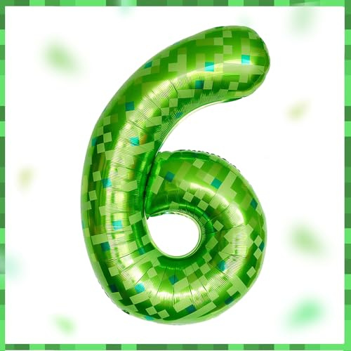 DazzJoy Pixel Luftballon 6. Geburtstag,40 Zoll Grün Miner Game Zahlenballon 6,Pixel Miner Folienballon 6 Jahre Junge Mädchen,Zahl 6 Luftballon für Kindergeburtstag Deko,6 Jahre Pixel Spiel Thema Party