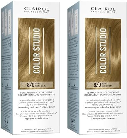 Clairol Professional Color Studio Permanente Haarfarbe Blond 8/0 (110 ml) – mit Metal-Purifier für 6 x weniger Haarbruch, 10 Wochen sattes Farbergebnis & 100% Grauabdeckung – inkl. Haarkur