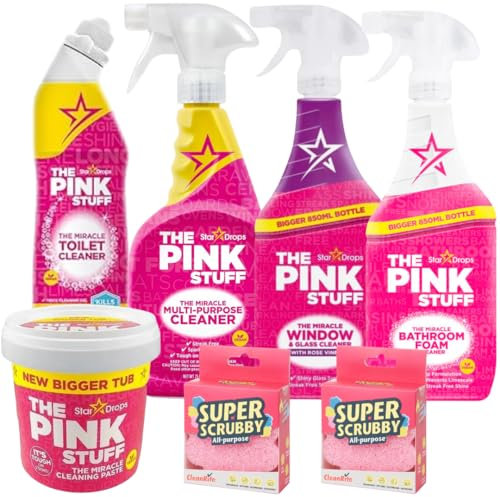 The Pink Stuff - Kit de Limpieza, 5 Productos, Pasta limpiadora milagrosa, Spray Multiusos, Limpiador Baño, Limpiacristales, toilet WC, +2 estropajos
