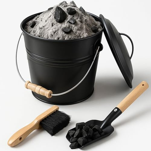 Wacloud Kit seau à cendres avec couvercle, pelle et brosse – Cendrier de cheminée en métal pour poêles à bois, foyers et barbecue – Poignée en bois facile à transporter, résistant à la chaleur