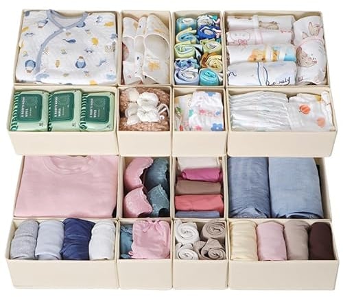 ORLISA 16er Set Schubladen Organizer kompatibel mit HEMNES Kommode andere Schubladensysteme, Faltbare Aufbewahrungsboxen für Kleidung, Modular einsetzbar für Kleiderschrank Wickelkommode, Beige