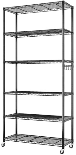 Bonnlo Regal mit Rollen, 6 Gitterböden, Höhenverstellbaren Einlegeböden und einem konischen Haken, Metallregal, Lagereinheit, Küchenregal, Kellerregal, 90 × 40 × 185cm,Schwarz