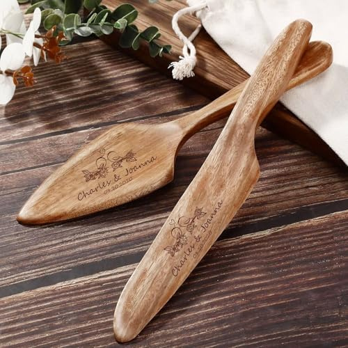 Personalisiertes Graviertes Kuchenmesser-Set Aus Holz – Kuchenservierbesteck, Hochzeitsgeschenk Für Paare, Jubiläum, Verlobung, Rustikale Geburtstagsdekoration