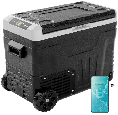 EUHOMY 12 Volt Refrigerator, 53QT(50L) Electric Cooler, Portable Freezer 12V/24V DC 100-240V AC, 12V Refrigerator - 4°F ~ 46°F, 12V Cooler with Wheels and 2 Baskets for Travel, Camping, Truck, Boat