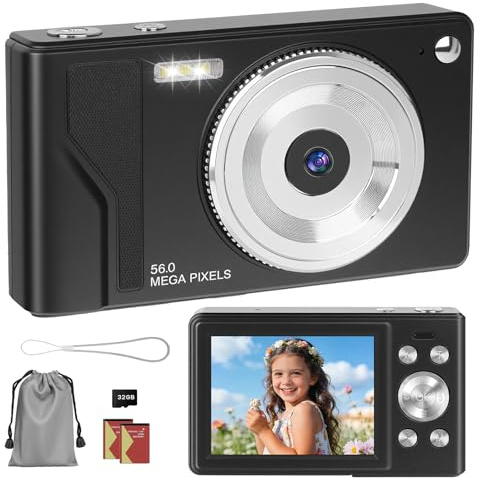 HERBYD Cámara Digital 56MP 1080P FHD con Autofoco, Zoom Digital 16X, Pantalla LCD 2.8, Tarjeta SD 32GB y 2 Baterías - Cámara Compacta Portátil para Niños, y Principiantes (Negro-1.)
