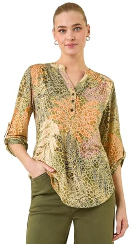 Roman Shirt for Women UK Ladies Top Collarless Blouse Stretchy Tunic Smart Casual Autumn Winter Jersey 3/4 Length Sleeve Notch V Neck Flattering Office Work - Leaf Khaki - Size 20