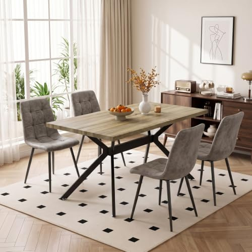 ANVOFONG Esstisch mit 4 Khaki Stühlen,Esstisch in Naturholzfarbe | Essgruppen Esstischmit technisches Esszimmerstühle,Rechteckig Esstisch aus Holz,für Küche Esszimmer und Wohnzimmer