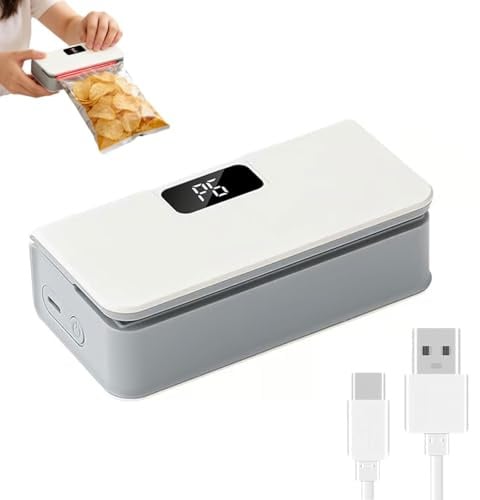 USB-C Rechargeable Mini Bag Sealer, Mini Folienschweißgerät 2 in 1, Tragbares Tüten Schweißgerät mit Cutter & Magnet, 6 verstellbaren Gängen Beutelverschließer für Lebensmittellagerung Snack (Weiß)