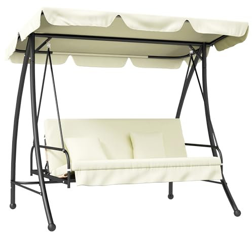 Outsunny Hollywoodschaukel Gartenschaukel Schaukel Schaukelbank mit Liege-Funktion, 3 Sitzer, Metall+Polyester, Weiß, 200 x 125 x 170 cm