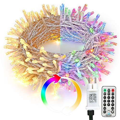 BrizLabs 20M 200 LED Weihnachten Lichterkette mit Fernbedienung, Warmweiß und Bunt Dimmbar 11 Modi Strombetrieben Beleuchtung Außen mit Transformator Timer für Innen Haus Bäume Party Garten Deko