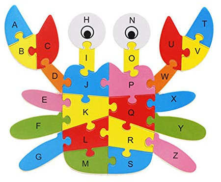 JOMA-E Shop 26 English Letters Wooden Puzzle Animals Jigsaw Educational Toys Teaching Tools for Kids 3 4 5 Year Olds (Crab)
