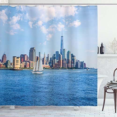 ABAKUHAUS New York City Rideau de Douche, New York Sunshine, Ensemble de décoration de Salle de Bain en Tissu avec Crochets, 175 x 240 cm, Bleu Gris