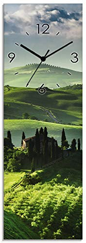 ARTLAND Wanddeko Wanduhr ohne Tickgeräusche Glas Funkuhr 20x60 cm Rechteckig Lautlos Toskana Natur Landschaft Italien Sonnenaufgang S7NL