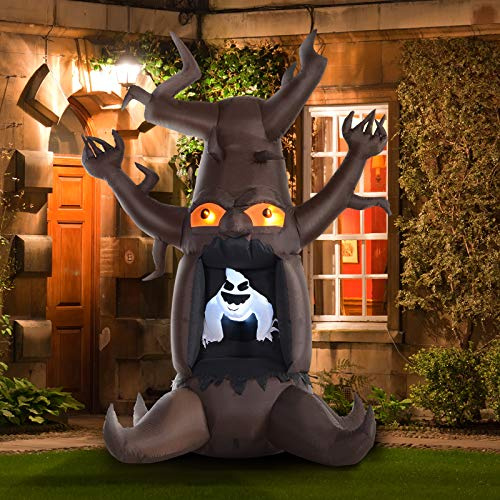 HOMCOM Albero gonfiabile di Halloween fantasma con 3 luci per il giardino Poliestere Marrone 180 x 140 x 240 cm