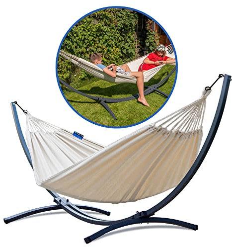 Potenza® Hamac avec Support Métal pour 2 Personnes - Charge Max 220 kg - Double XXL Démontable - Plus de Stabilité - Support Graphite - Crème