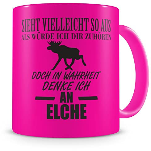 Samunshi® Ich denke an Elche Tasse Kaffeetasse Teetasse Kaffeepott Kaffeebecher Becher H:95mm/D:82mm neon pink
