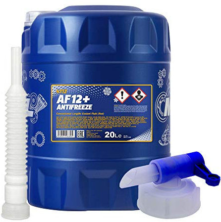 MANNOL Kühlerschutz 20 Liter, AF12+ KÜHLERFROSTSCHUTZ Konzentrat für Kühlsysteme in Maschinen, Rot + Hahn + Schlauch