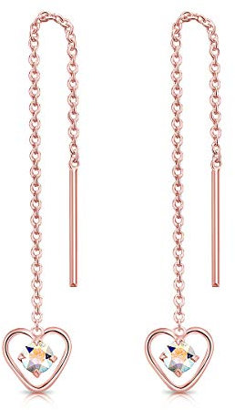 Orecchini Cuore Pendenti Argento 925 Placcati Oro Rosa 18K con Brillantini Punto Luce di Cristalli Aurora Boreale - Orecchini Donna Lunghi - Classici Eleganti Ipoallergenici - Regalo Donna