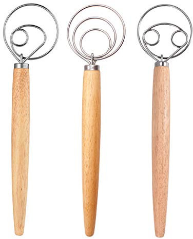 Batidora Danesa de Masa Manual, DBAILY 3pcs Acero Inoxidable Mango de Madera Batidora Manual Batidor de Masa Herramienta para Bricolaje Cocina Hacer Pasteles Pan (3 Tamaños)