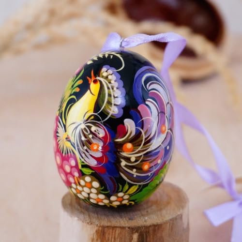 Ukrainischer Ostereier zum Aufhängen aus Holz Bunt Handbemalt mit schönem Vogel und Blumen, Exklusive Osterdekoration