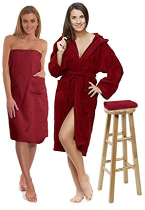 Interkontakt SET - S - Bademantel Damen Frottee mit Kapuze + Saunakilt Damen + Handtuch - 100% Baumwolle OEKO-TEX® Zertifiziert - Verfügbare Größen (S, M, L, XL, XXL) - Farbe - Rot