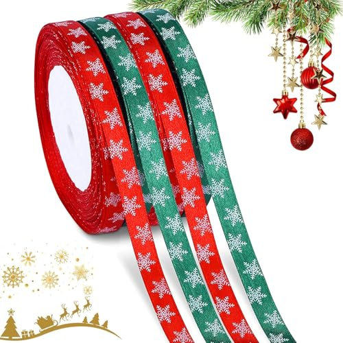 4 Rollen 100m Weihnachten Geschenkband Satinband, Schneeflocken Bänder zum Geschenk Verpackung, 10 mm Breit Dekoband Organzaband für Hochzeit Basteln Deko (Grün, Rot)