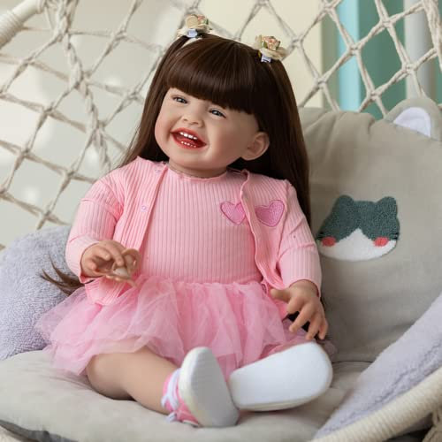 Lonian 24 Zoll 60 cm lächelnde Silikon-Babypuppen, die echt Aussehen, weiche Körper, handgefertigte Spielzeuge, lebensechte, Geburtstag, Geschenkpuppen (Blue Eyes)