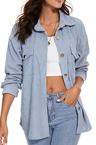 HVEPUO Herbstjacke Damen Cordhemden mit Knopfleiste und Langen Ärmeln Cord Hemd Tops Blau S