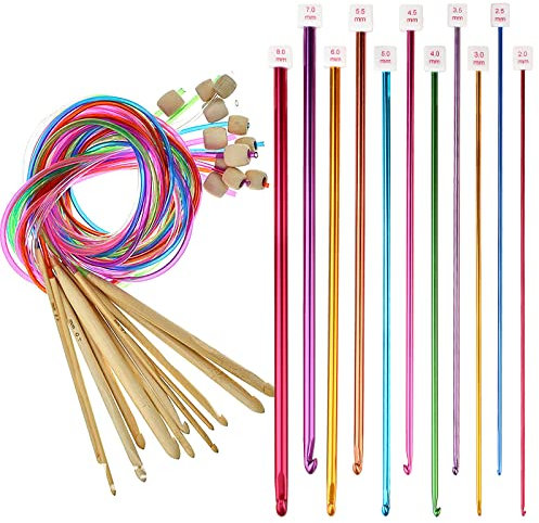 Häkelnadeln Set - Tunesische Häkelnadeln 2mm-8mm,23 Stück Häkeln Stricken Nadeln Kit,Afghanische Häkelnadel Set,Häkelhaken Set für Anfänger Oder Profis,Bunt Stricknadel Set für Decken,Teppich,Pullover