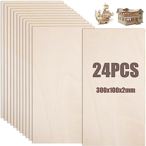 MIVIDE 24pcs Feuilles de Bois de Balsa, 300 x 100 x 2mm Plaque de Bois Balsa, Feuille de Bois 2mm, Planche Bois Balsa pour Modélisme, Peinture, Bricolage