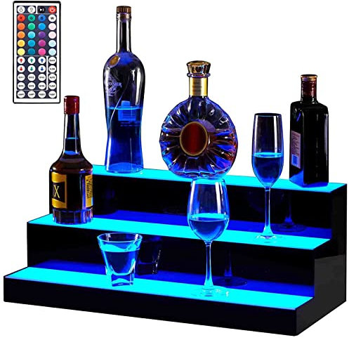 SXLIGHT Bottle Display Stand Bar Liquor 3-Tier LED Lighted Liquor Bottle Display Shelves Home Bar Illuminated Wine Racks, Standing Drinks Lighting Stand For Home Commercial Bar With Remote Control