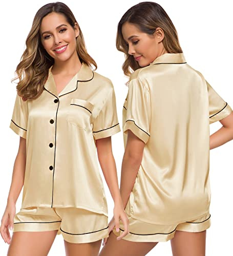 SWOMOG Women's Lounge Set Silk Satin Pyjamas Bridesmaid Pyjama Set Notch Collar Nightwear