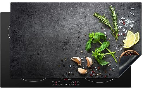 KitchenYeah© Herdabdeckplatte Einteilig Ceranfeld Abdeckplatte für Induktionsschutz Ceranfeldabdeckung Vinyl Herdabdeckplatten Limette - Kräuter - Gewürze - Grün - Beton - 91.6x52.7 cm
