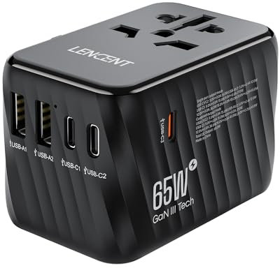 LENCENT 65W GaN3 Adaptateur Prise électrique avec 2 USB et 3 Type C PD Adaptateur Voyage Universel Charge Rapide International vers UK USA Australie Canada Italie Chine Japon Thaïlande Noir
